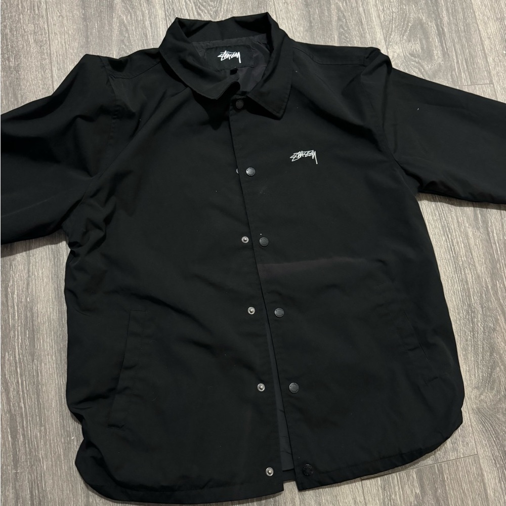 STUSSY Logo Black Collared Coach Button Up Windbreaker Jacket M Medium